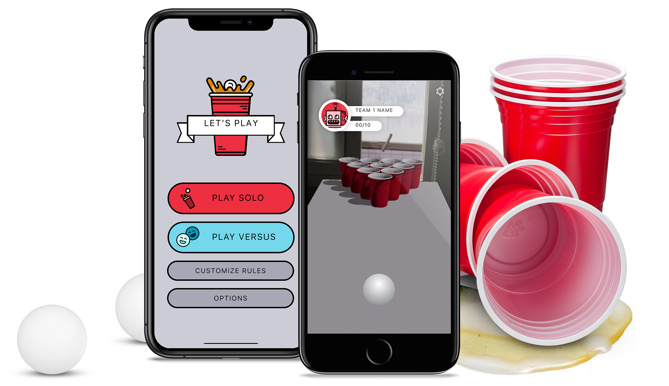beer pong AR app on a phone with pingpong balls and red plastic cups