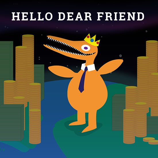 Hello Dear Friend title screen -- a dinosaur with piles of money